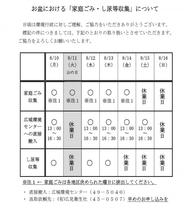 お盆期間中のごみ・し尿等収集について